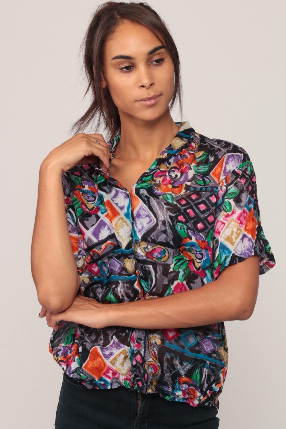 90s Watercolor Floral Button-Up Blouse Short Sleeve Cotton Medium