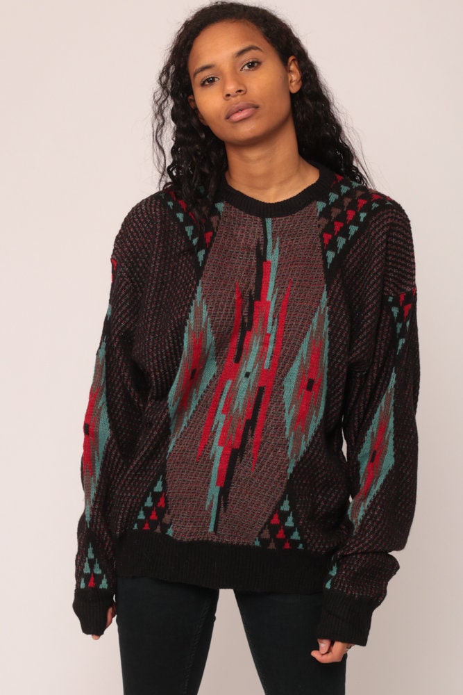 80s Geometric Tribal Print Knit Sweater Black Red Blue Large
