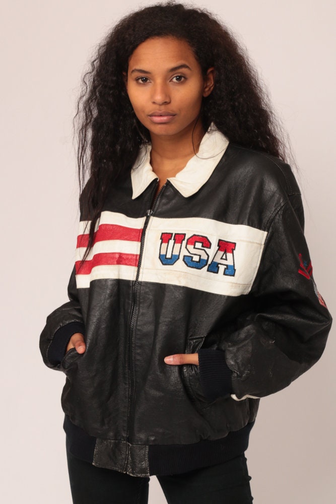 80s American Flag Leather Biker Jacket Black Moto Large