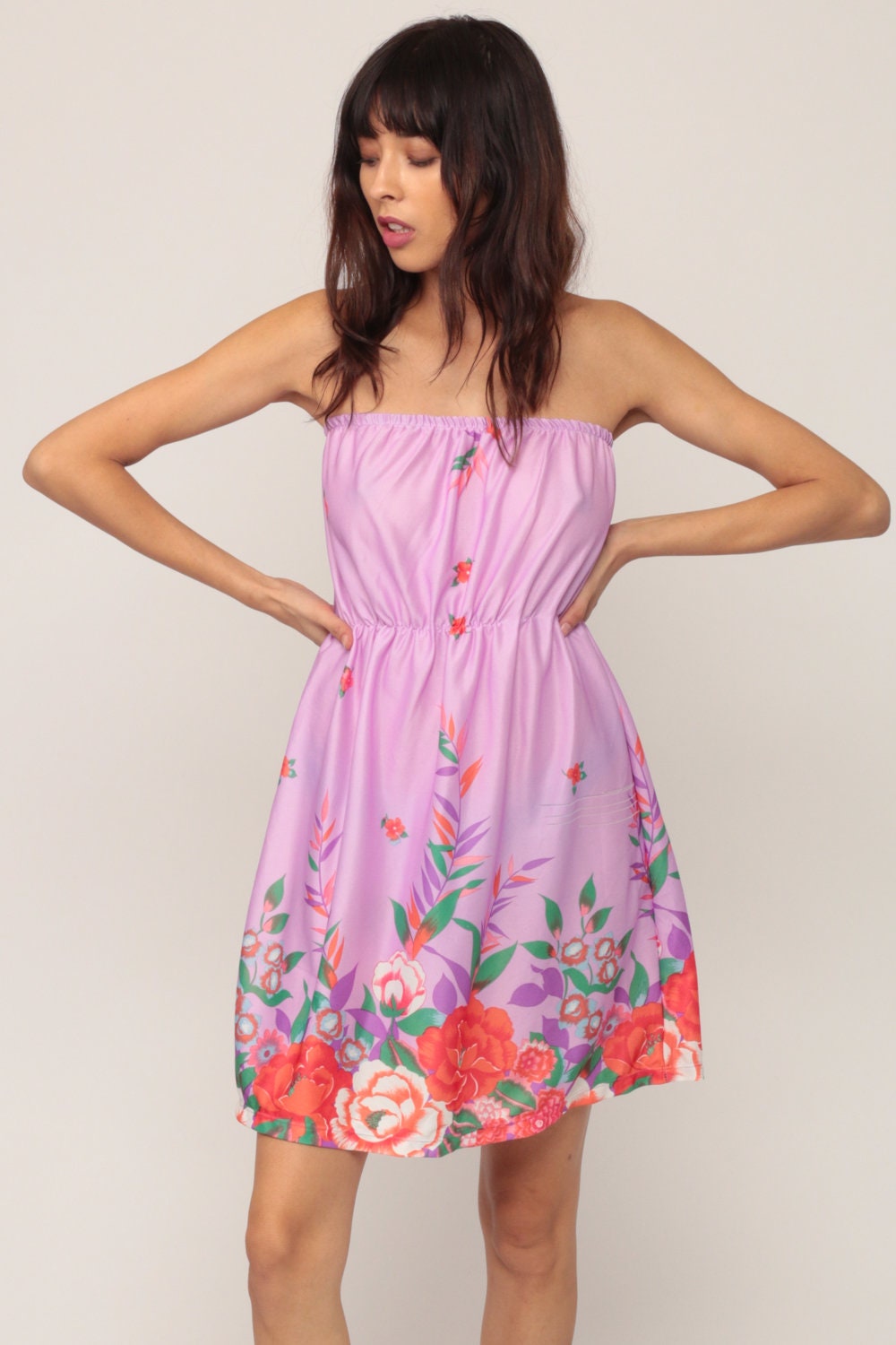 70s Floral Strapless Mini Dress Lavender Purple Smocked Small Medium