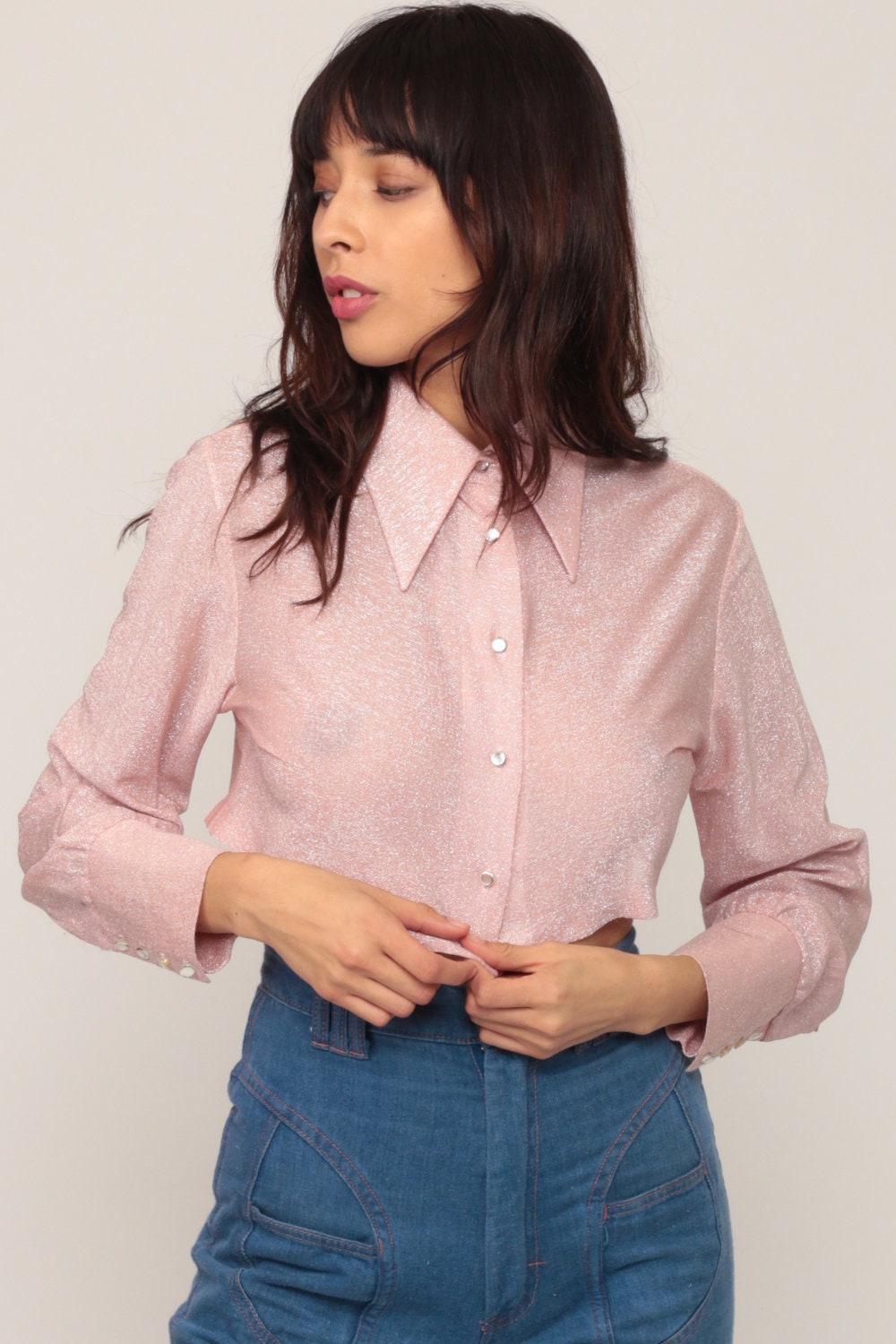 70s Metallic Pink Silver Crop Top Long Sleeve Blouse Small Medium
