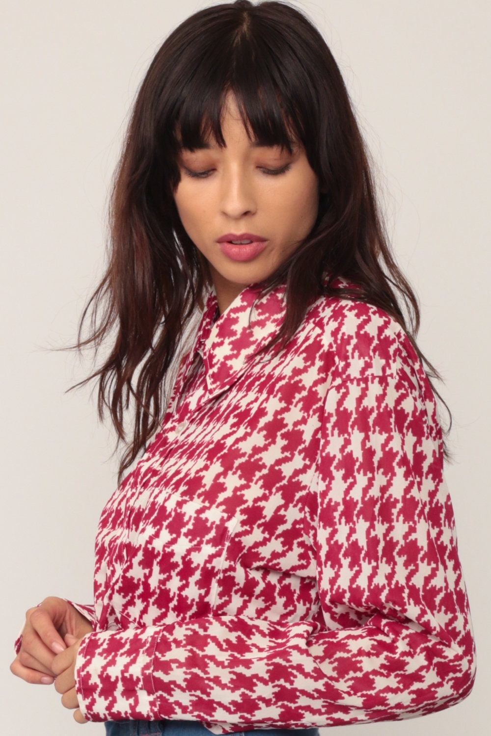 70s Houndstooth Crop Top Red Plaid Button-Up Long Sleeve Blouse Large