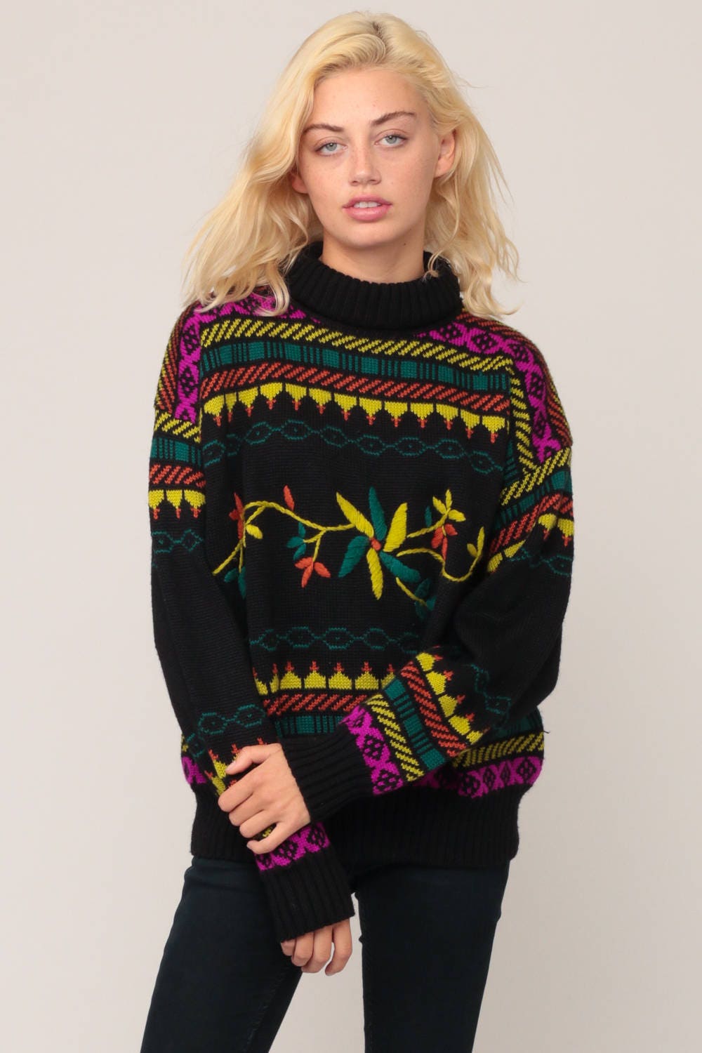 80s Floral Embroidered Funnel Neck Sweater Black Knit Plus Size XXL