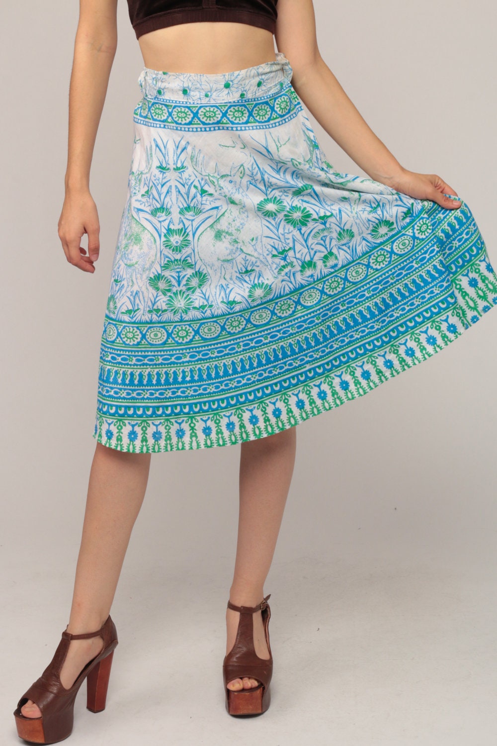 70s Deer Print Wrap Skirt Midi Cotton High Waist Blue Small-Large