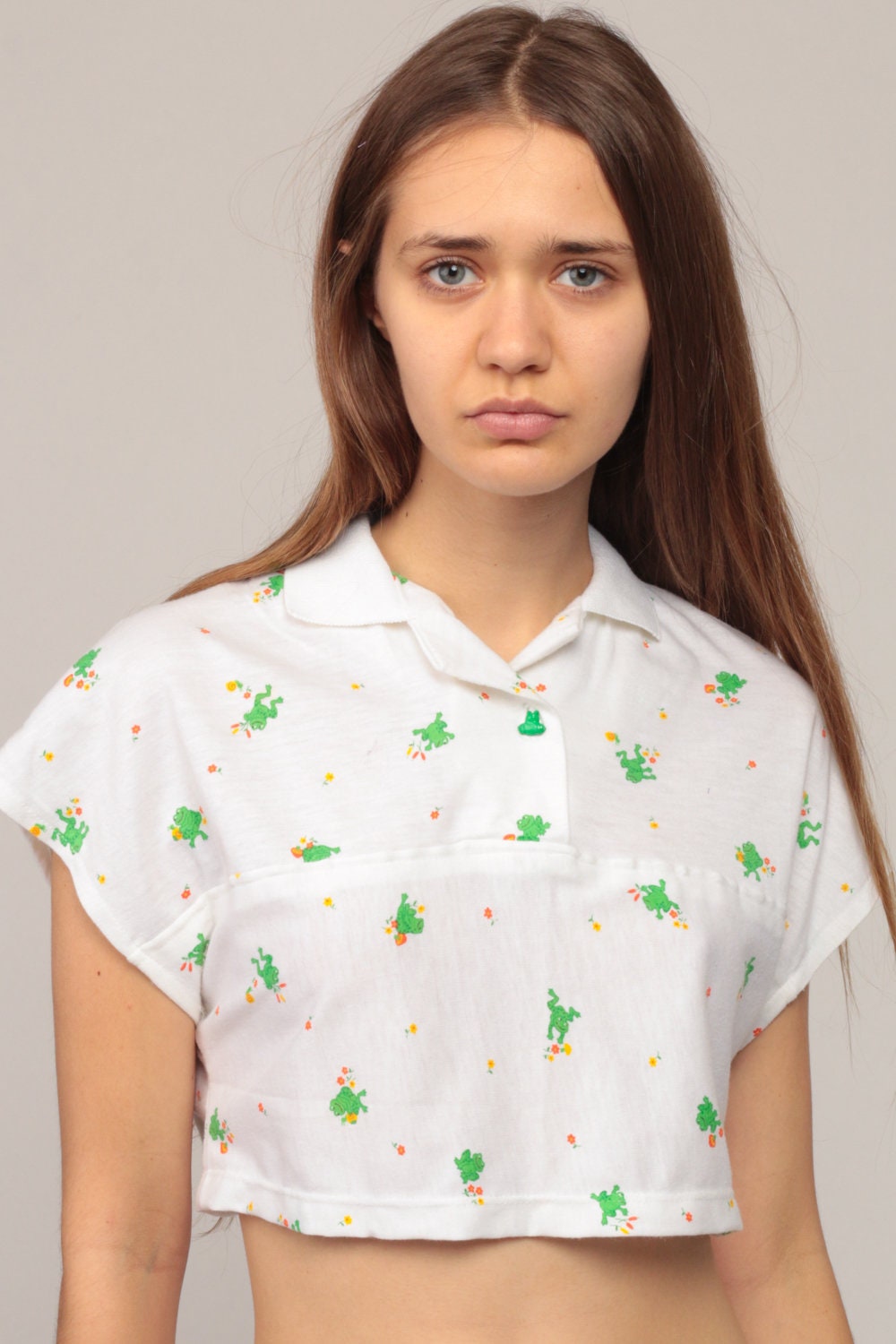 70s Frog Print Crop Top T-Shirt Cap Sleeve Cotton Blend Small