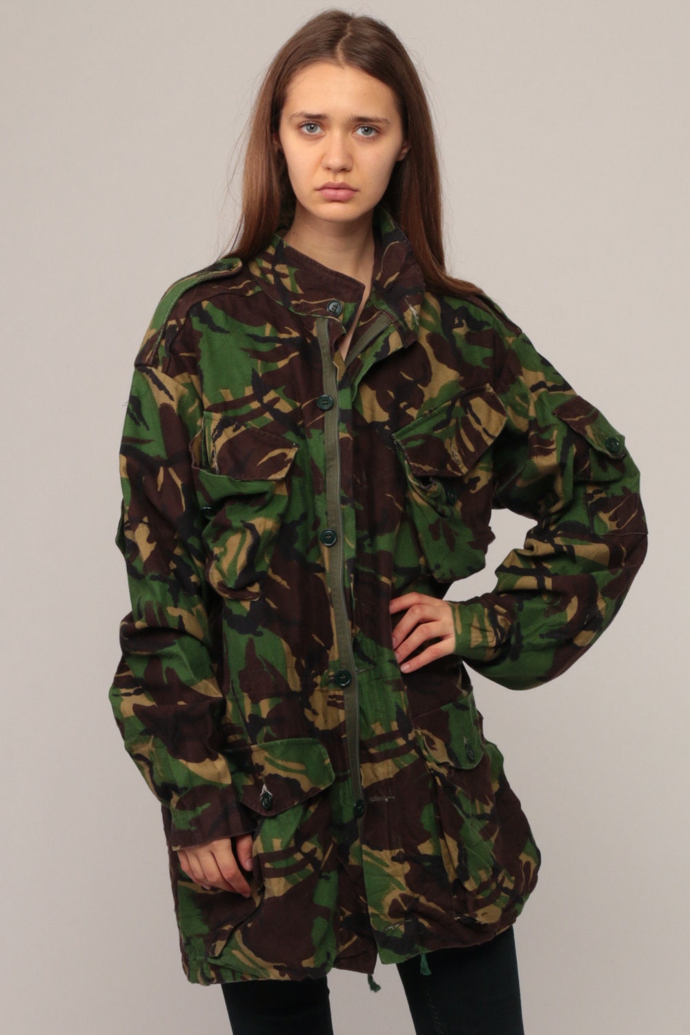 1980s Military Camo Utility Jacket Olive Drab Field Jacket Extra Large XL