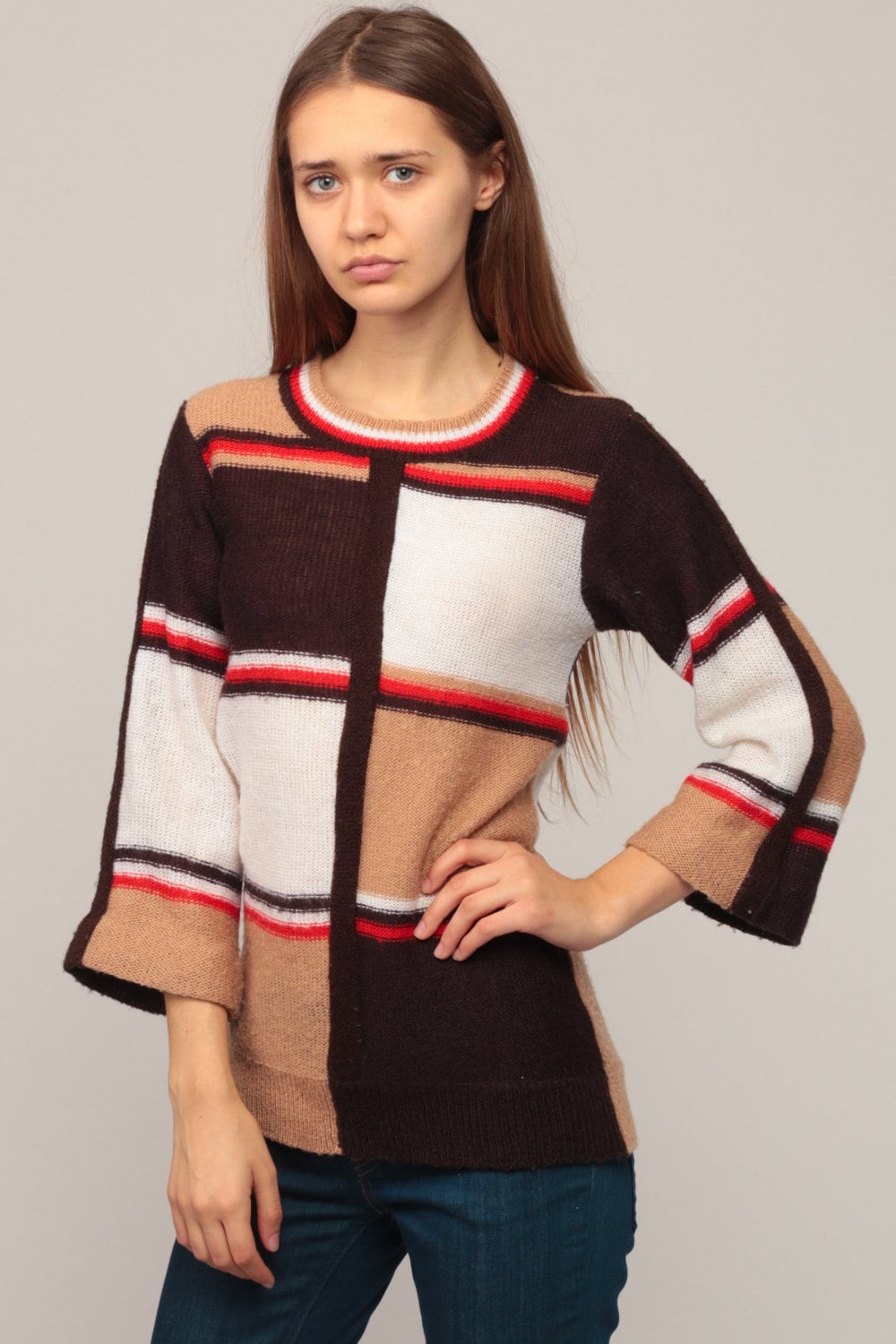 70s Colour Block Knit Sweater Bell Sleeve Tan Brown Pullover Small