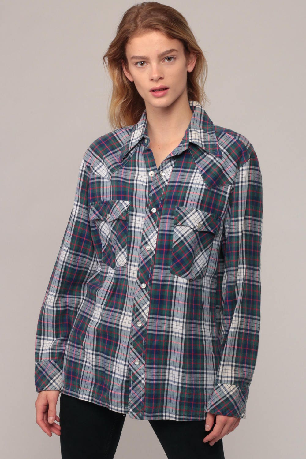 70s Wrangler Pearl Snap Western Shirt Plaid Blue Green Large