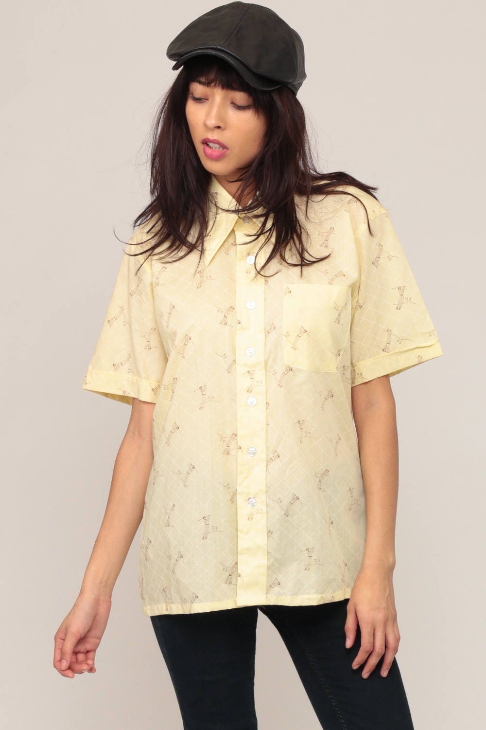 70s Golf Print Shirt Yellow Button Up Novelty Disco Collar Medium
