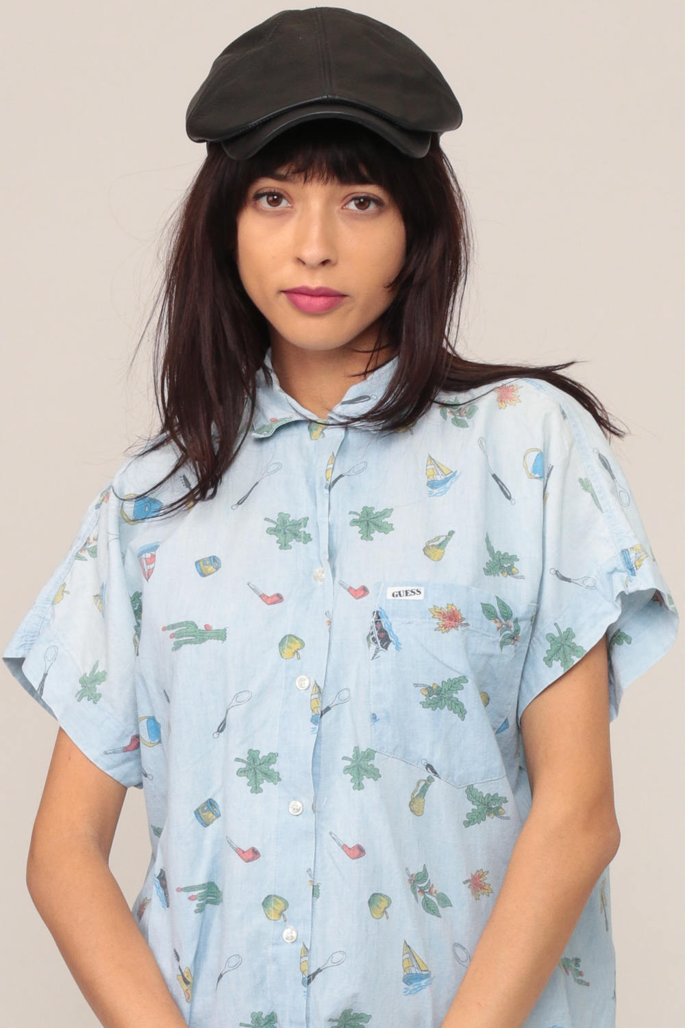 90s Guess Georges Marciano Guitar Sailboat Cactus Button Up Blouse Blue Extra Large