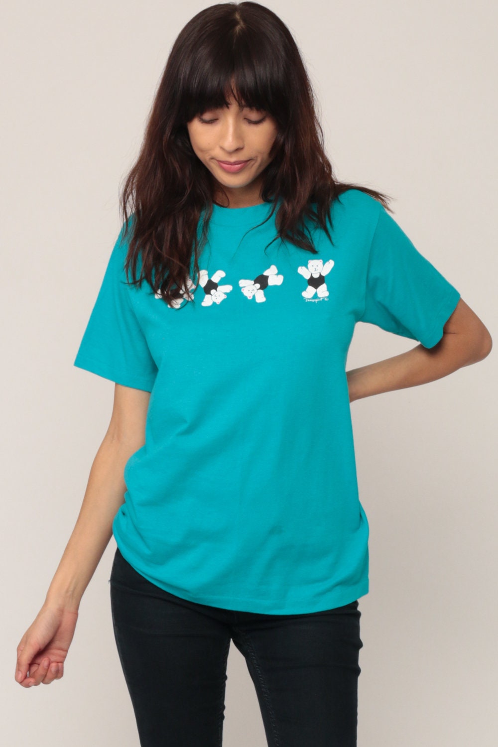 80s Aerobics Teddy Bear Graphic T-Shirt Blue Cotton Medium