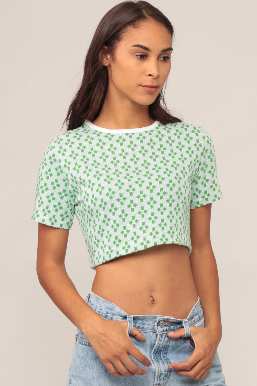 70s Geometric Crop Top Green T-Shirt Short Sleeve Small Medium