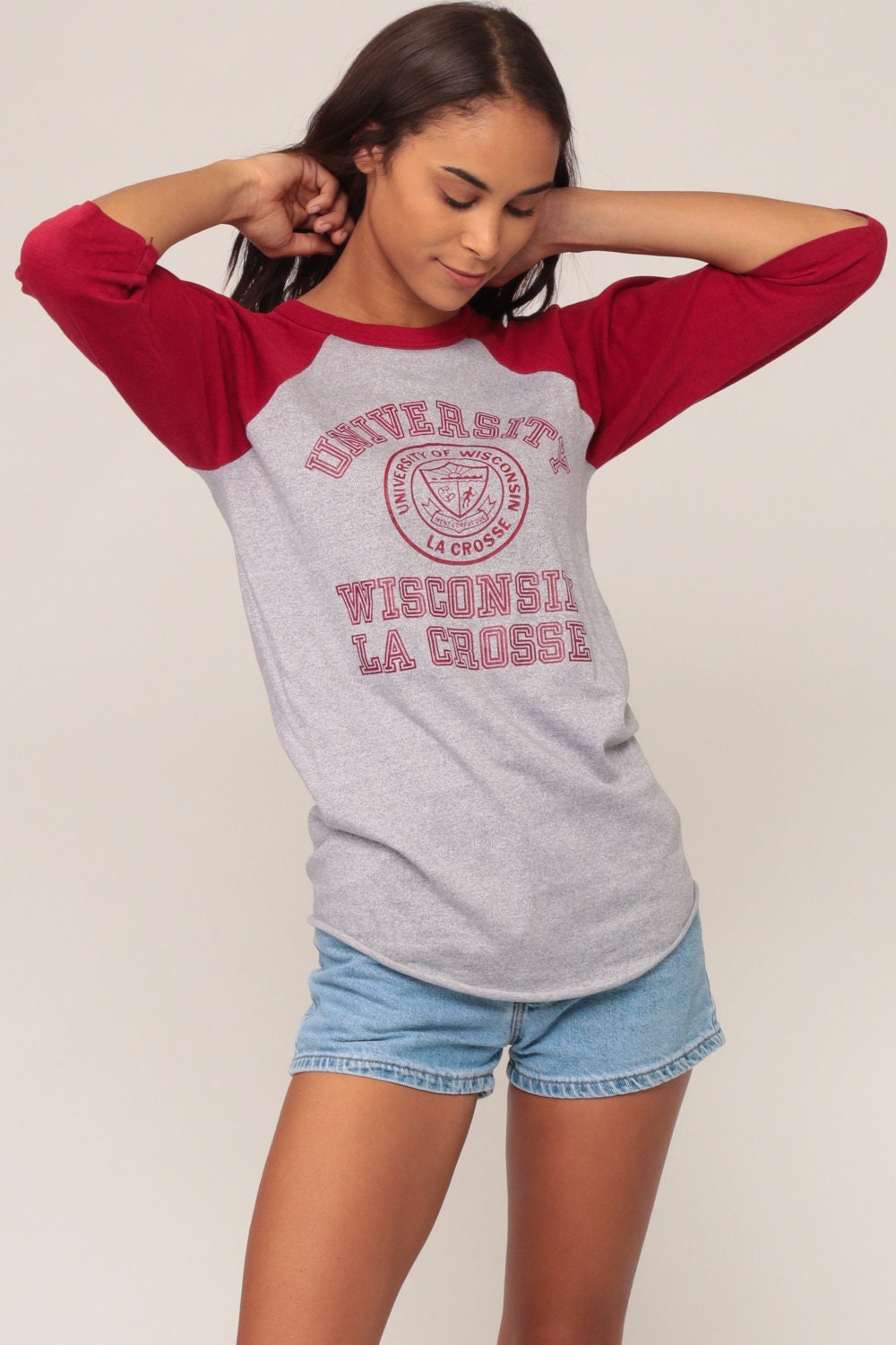 80s Wisconsin University Lacrosse Baseball Tee Ringer 3/4 Sleeve Grey Extra Small