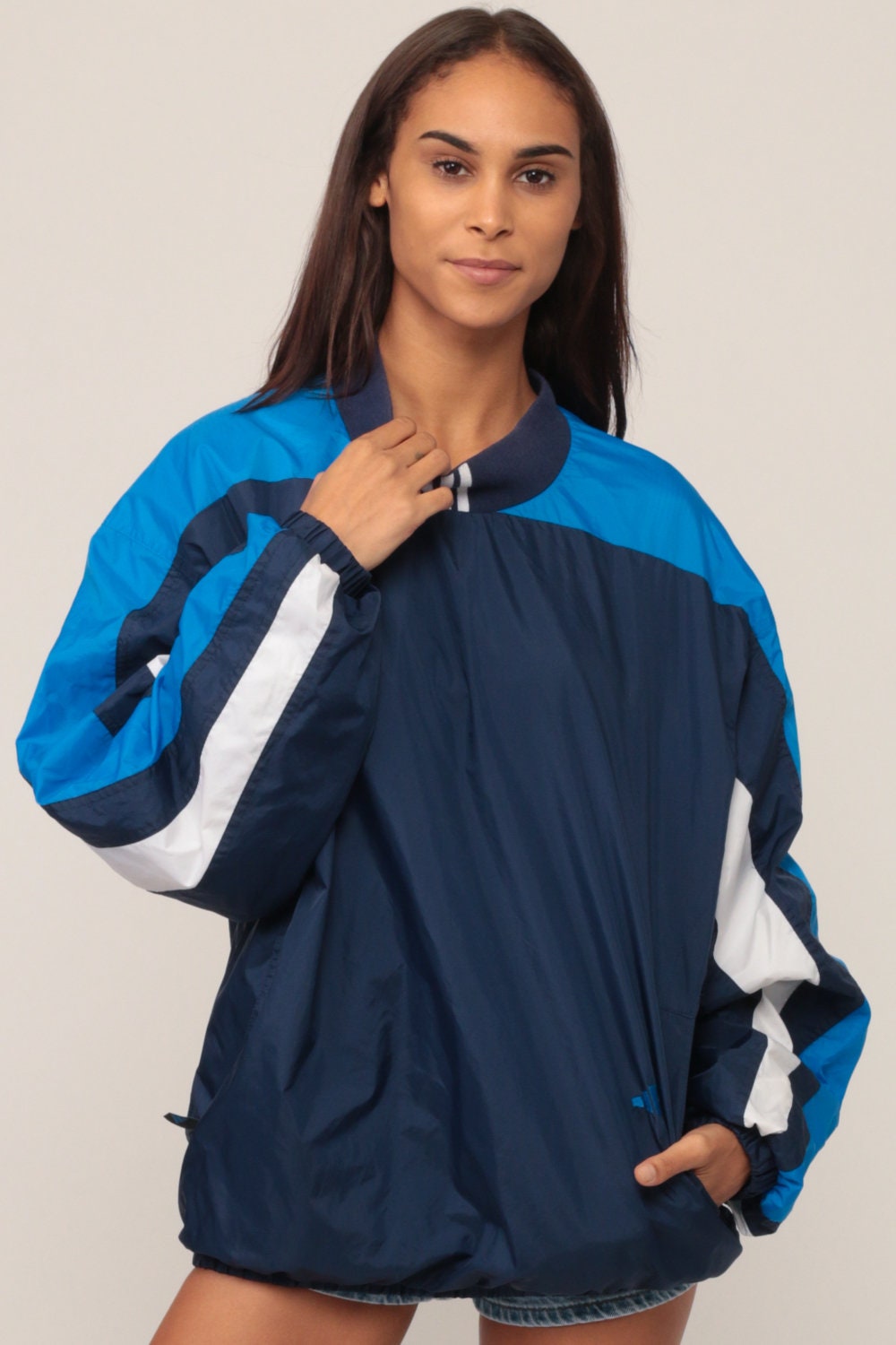 90s Adidas Pullover Windbreaker Dark Blue Stripe Jacket Large