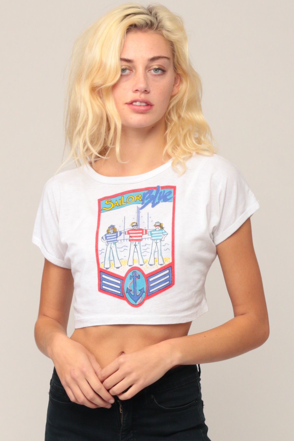 90s Sailor Blue Nautical Graphic Crop Top Cap Sleeve Small