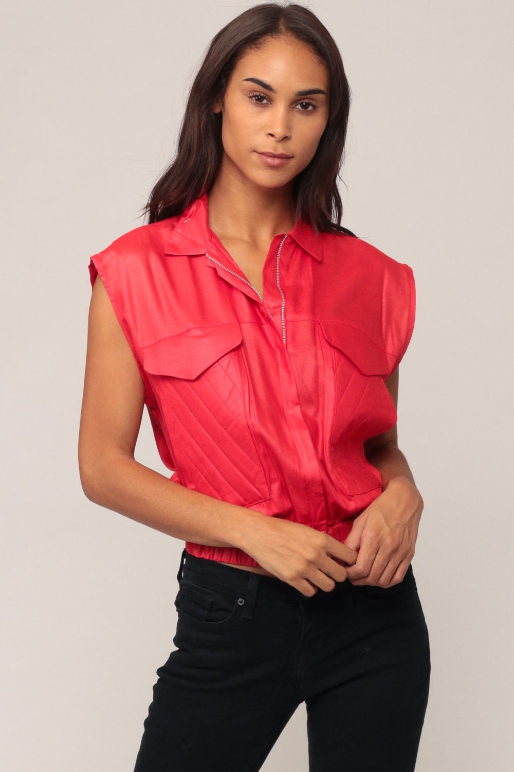 80s Red Zip Vest Cargo Pockets Sleeveless Medium