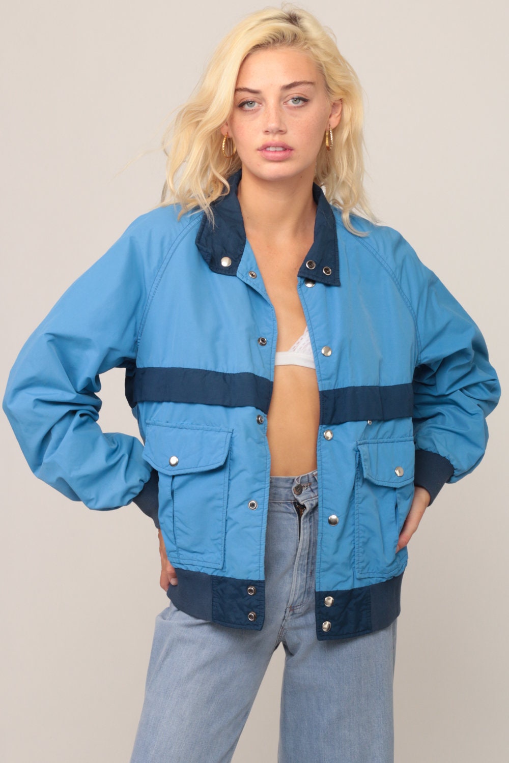 70s Bomber Jacket Baby Blue Nylon Windbreaker Striped Medium
