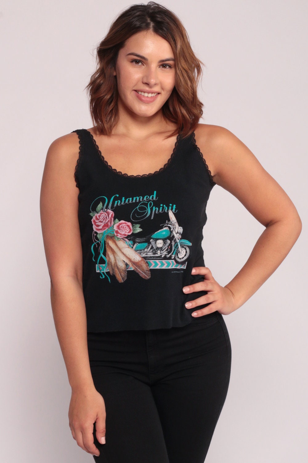 90s Untamed Spirit Motorcycle Biker Tank Top Black Graphic Large