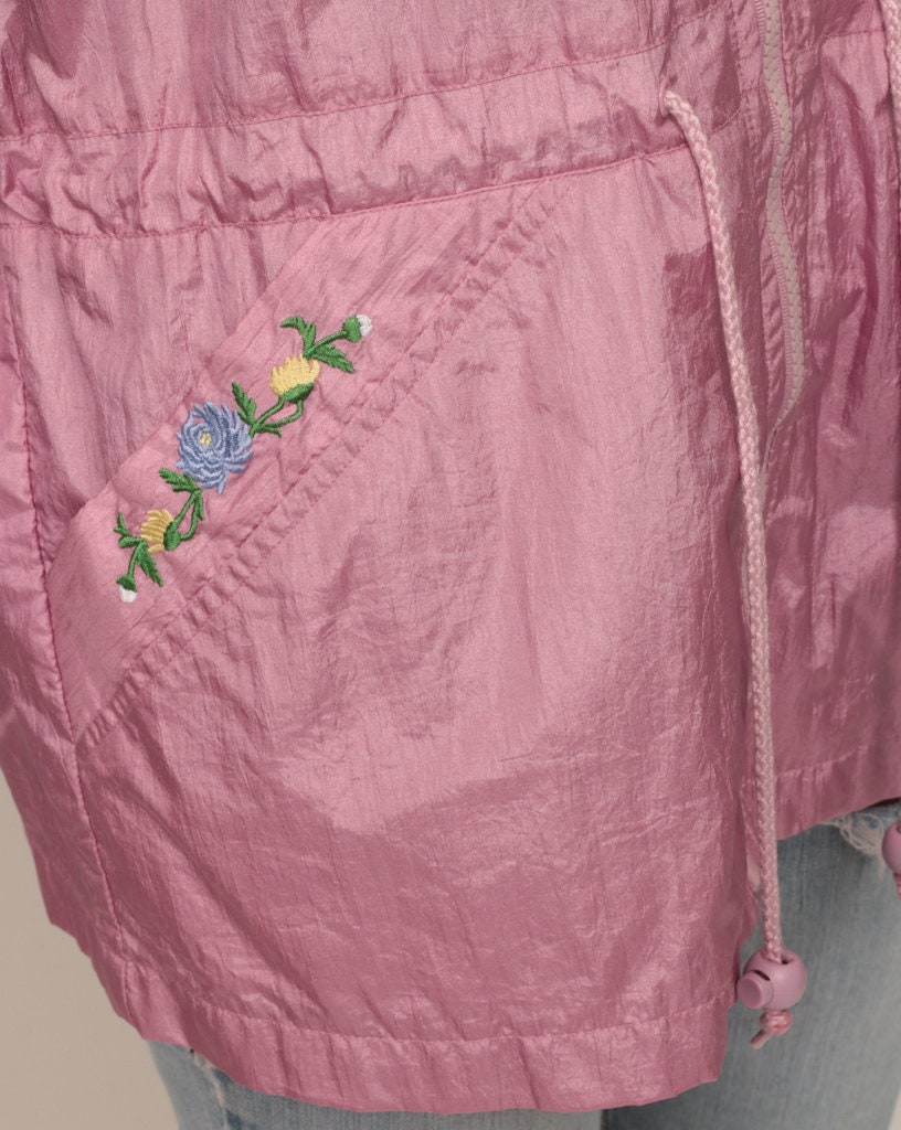 90s Purple Nylon Windbreaker Jacket Floral Embroidered Anorak Small