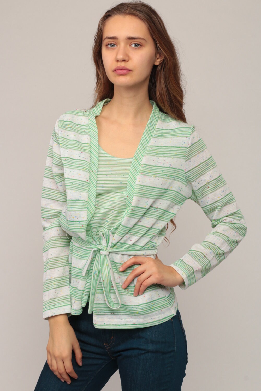 70s Striped Blouse with Attached Cardigan Green White Metallic Medium