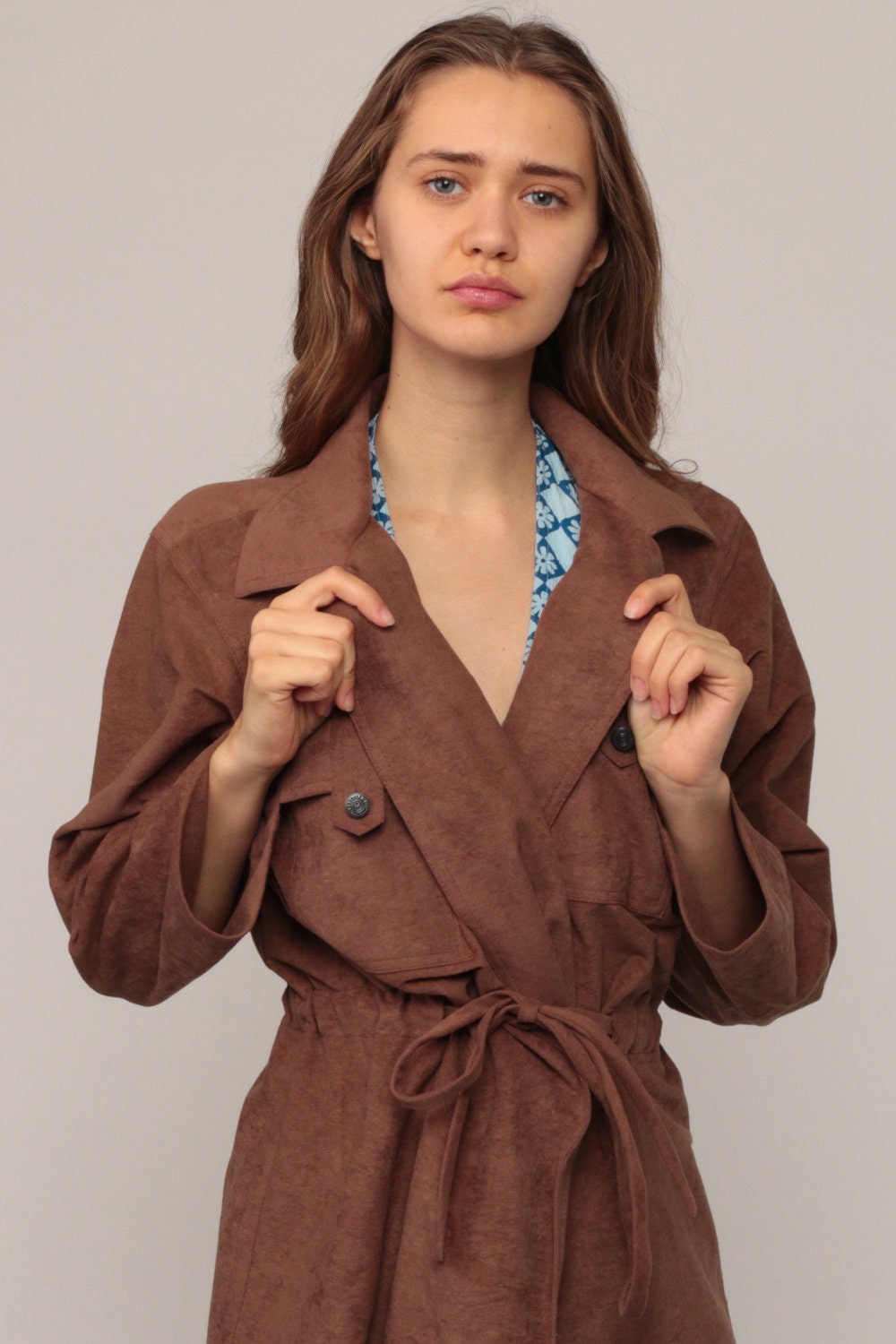 70s Brown Fuzzy Polyester Wrap Jacket Belted Crewneck Large