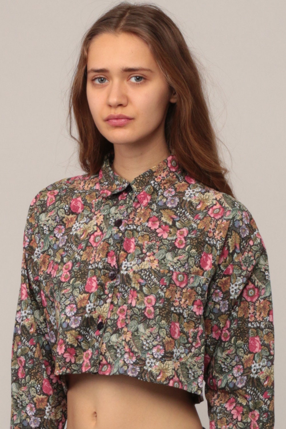 90s Floral Button-Up Crop Top Long Sleeve Blouse Black Pink Medium