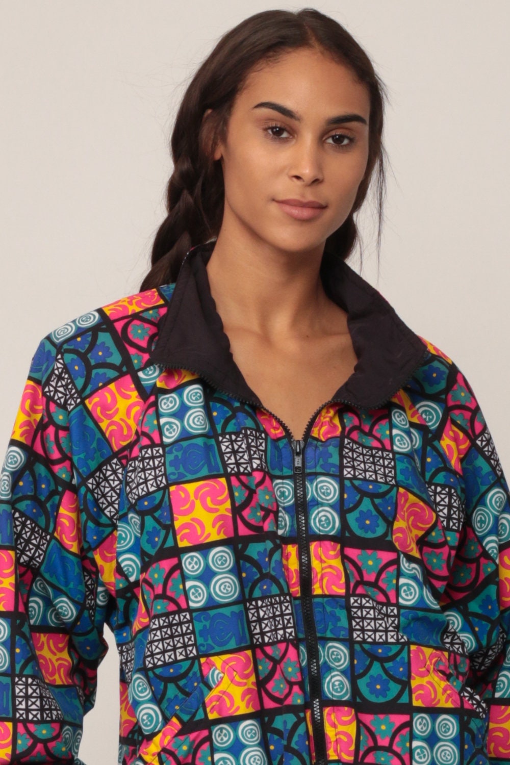 90s Geometric Floral Windbreaker Jacket Blue Pink XXL