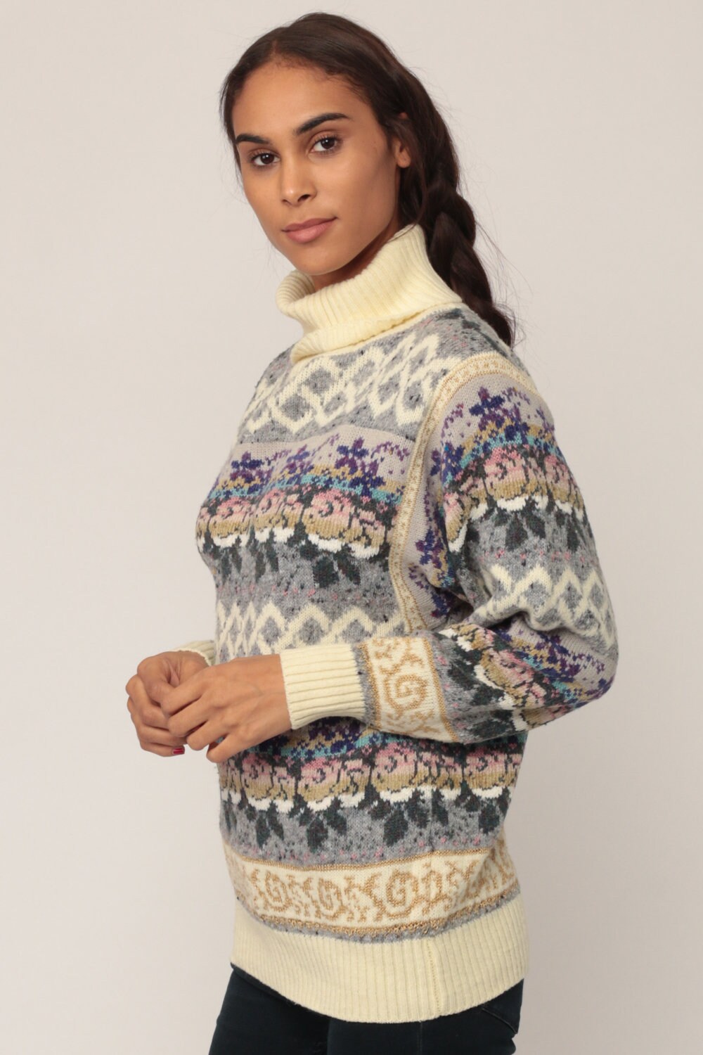 80s Grey Floral Turtleneck Wool Blend Knit Sweater Small Medium