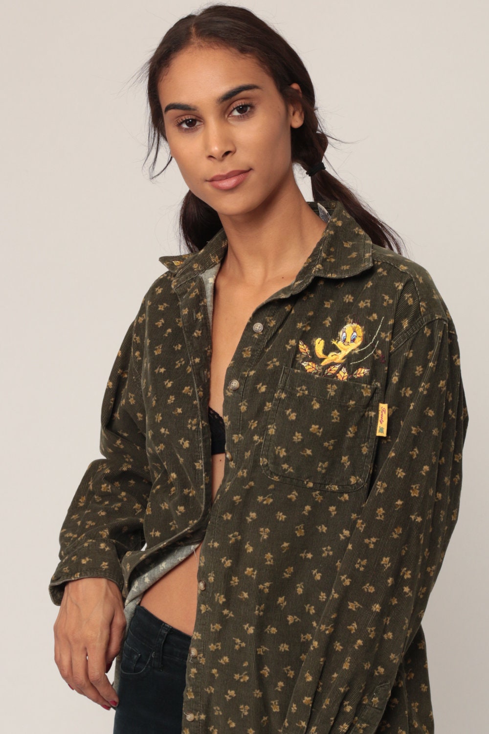 90s Looney Tunes Tweety Bird Floral Corduroy Button-Up Shirt Extra Large