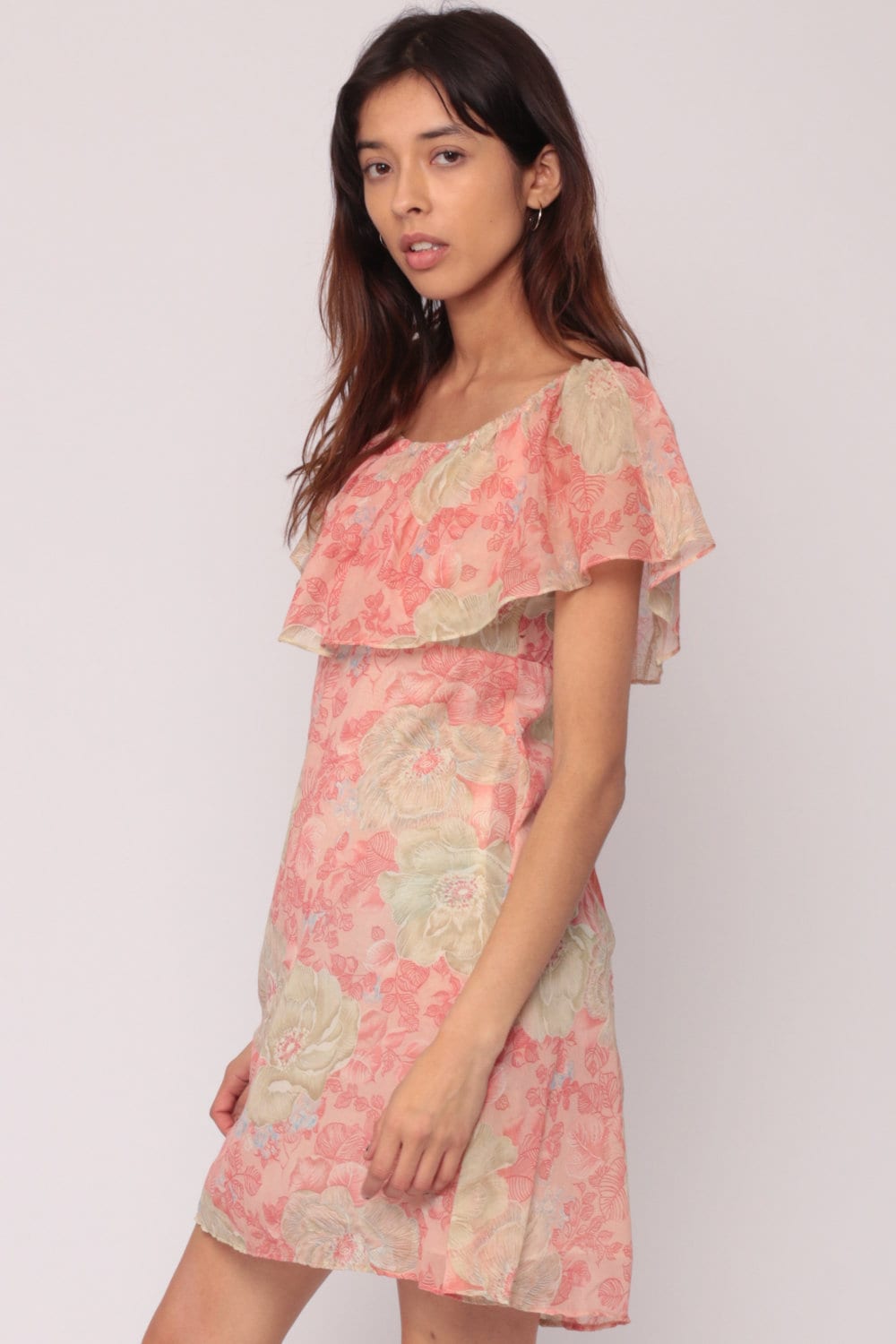 70s Pink Floral Flutter Sleeve Mini Dress Off-Shoulder Small Medium