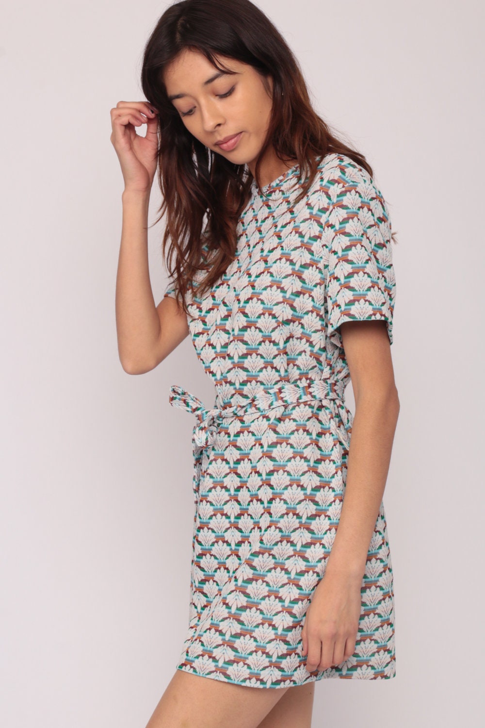 1960s Mod Shift Mini Dress Geometric Wallpaper Print Belted Large