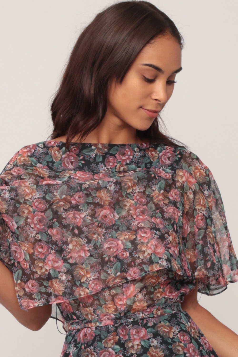 1970s Floral Mini Dress Flutter Capelet High Waist Small