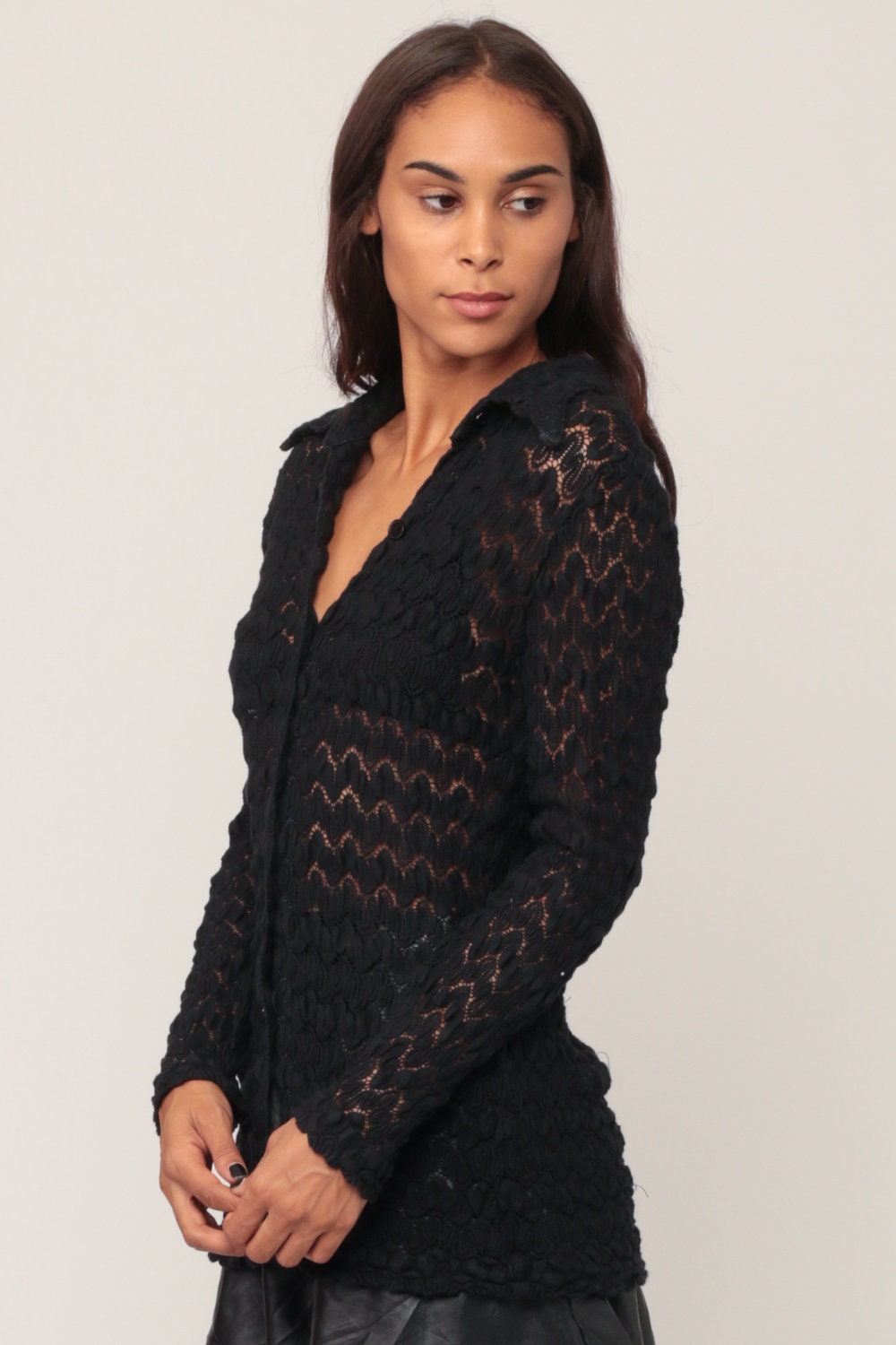 70s Black Crochet Blouse Long Sleeve Open Weave Button Up Small Medium