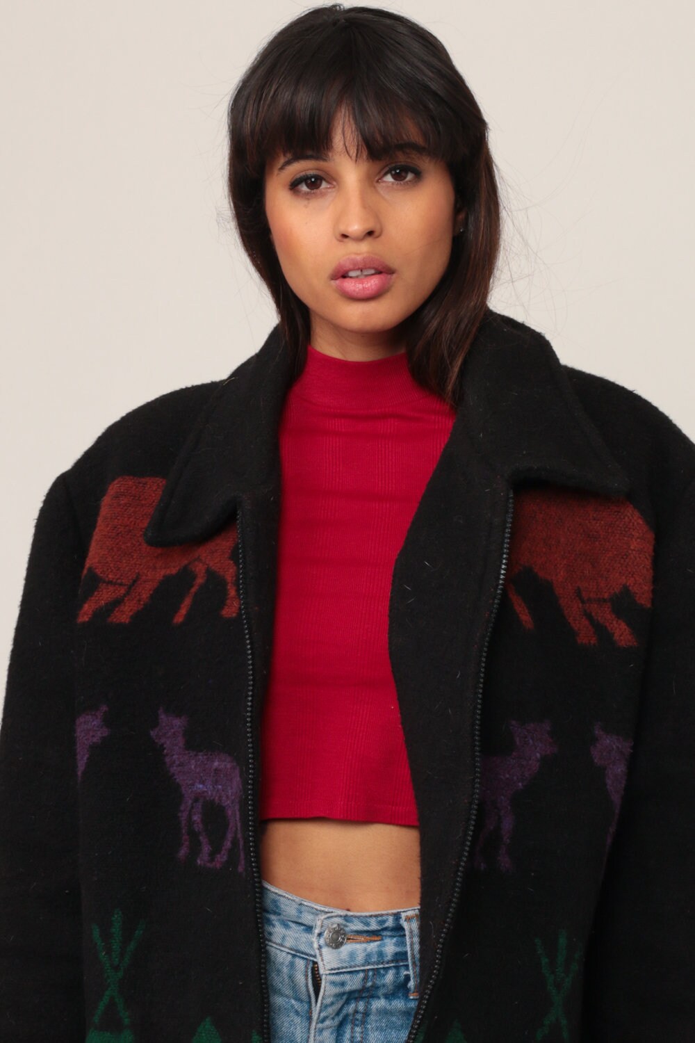 90s Totem Pole Animal Print Wool Jacket Black Extra Large XXL