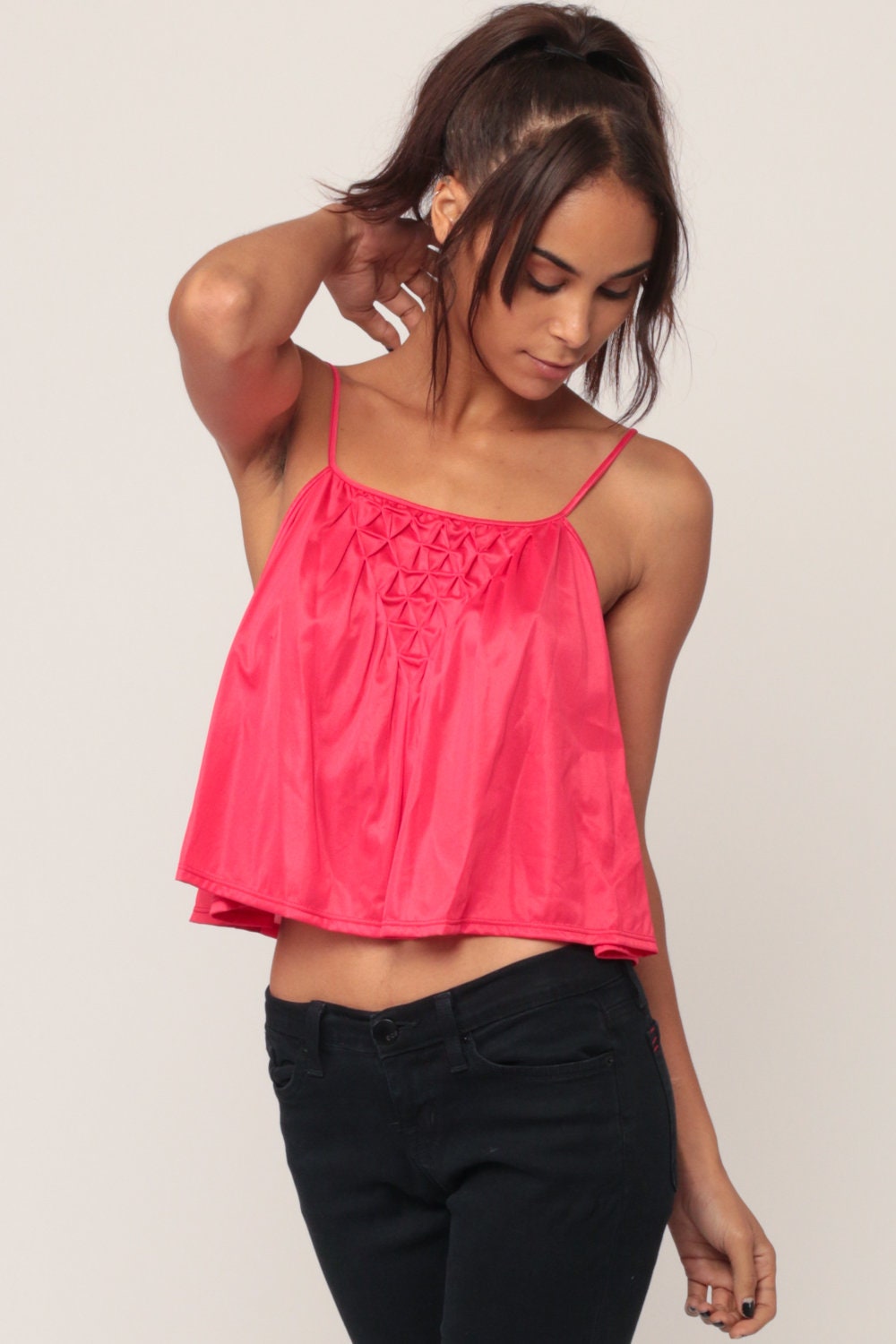 80s Red Nylon Camisole Pintuck Tent Cut Lingerie Tank Small