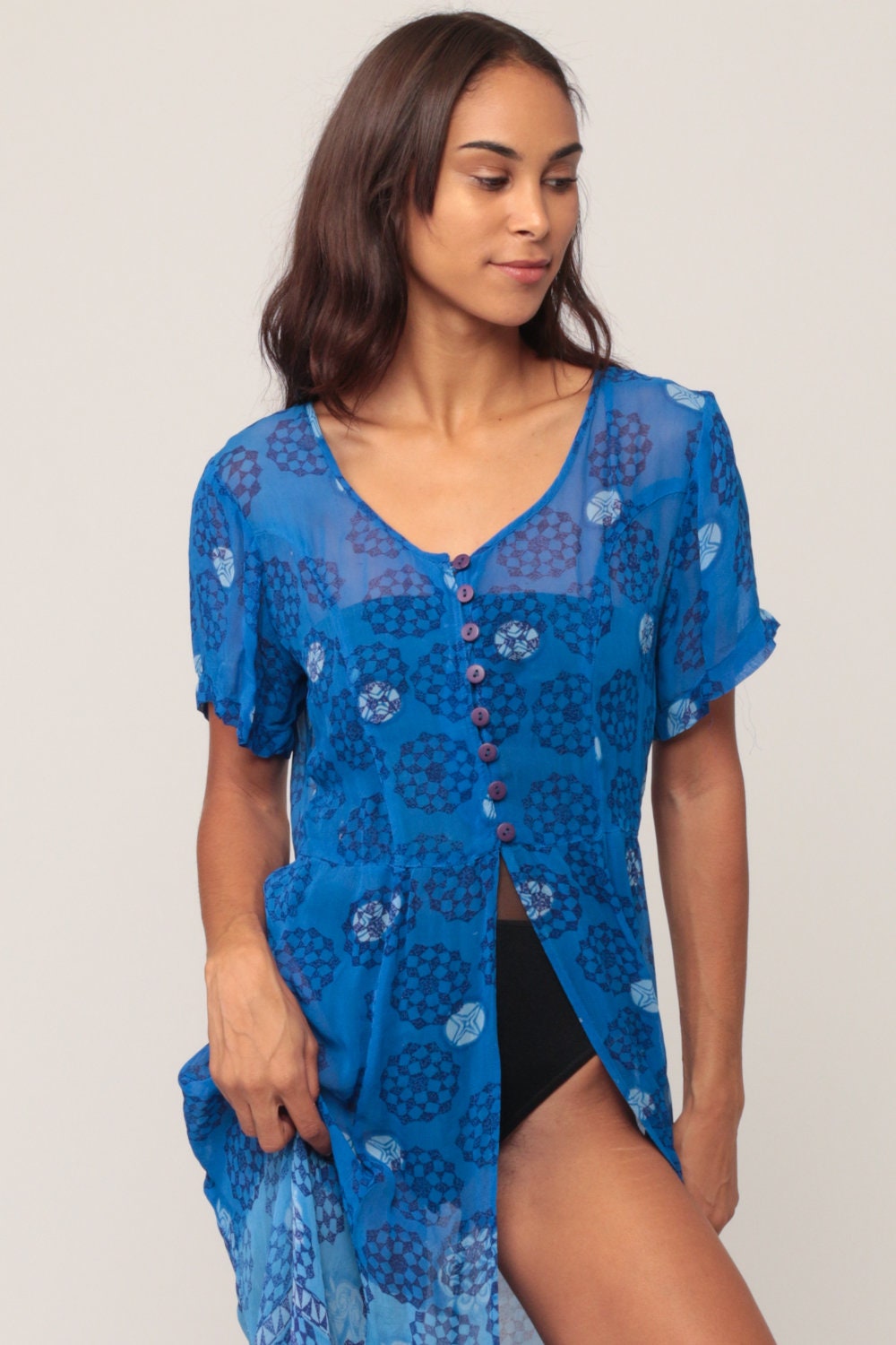 90s Blue Geometric Rayon Maxi Dress Button-Up High Slit Short Sleeve Small Medium