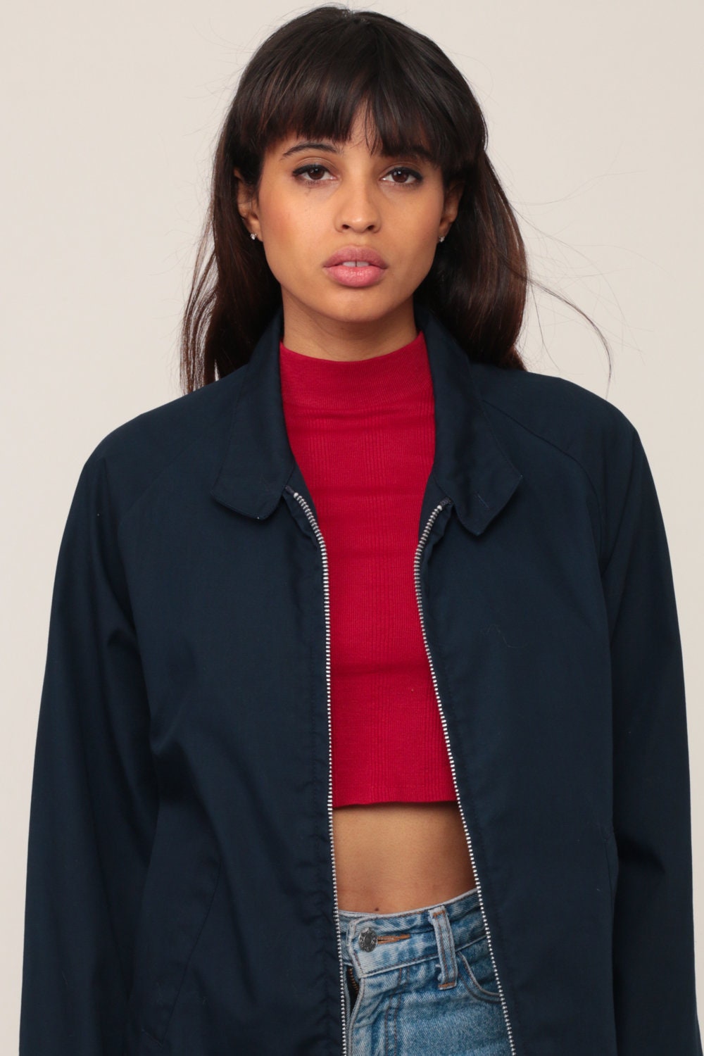 70s Navy Zip-Up Jacket High Neck Unisex Extra Small XS