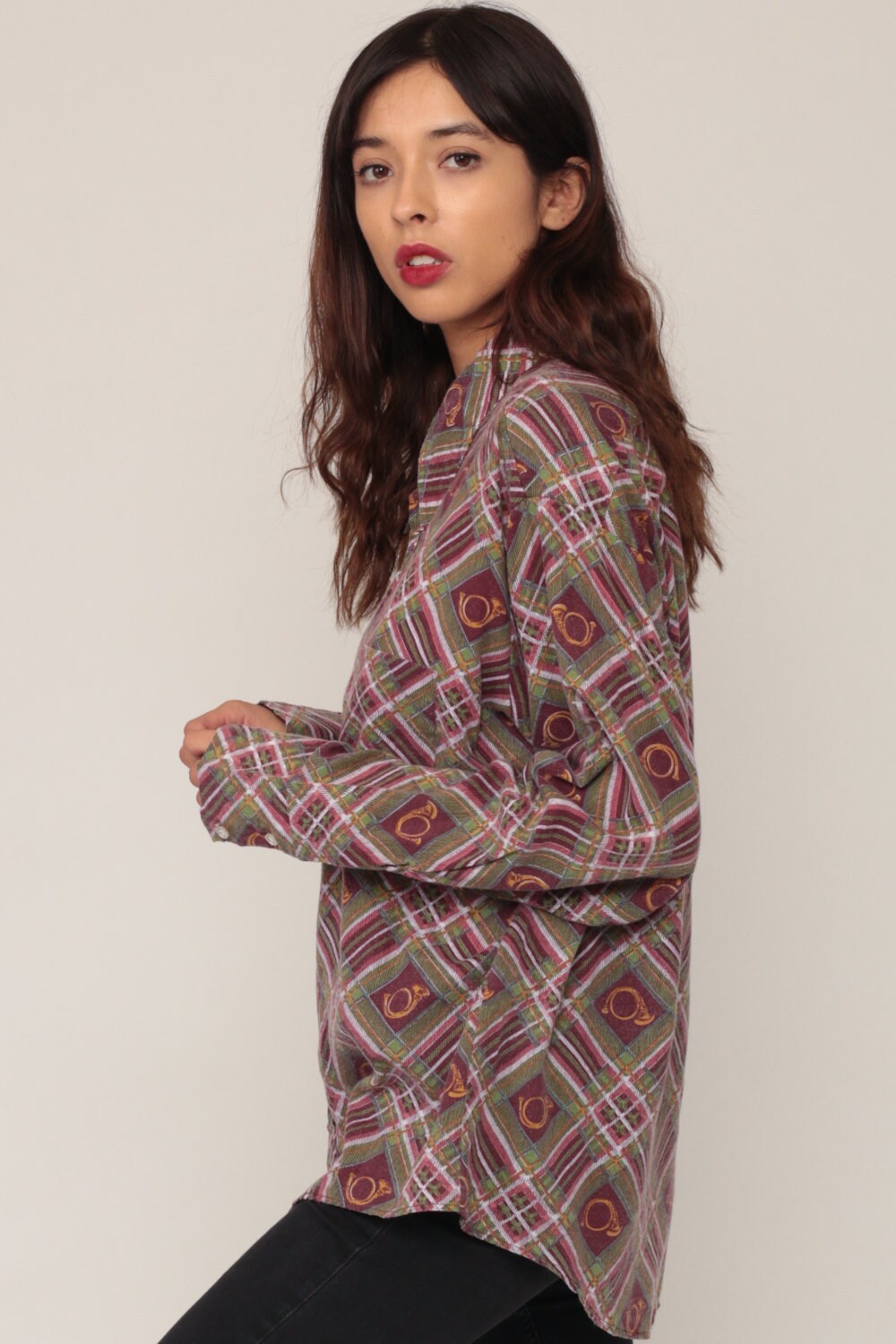 70s Horn Instrument Plaid Button-Up Shirt Long Sleeve Extra Large