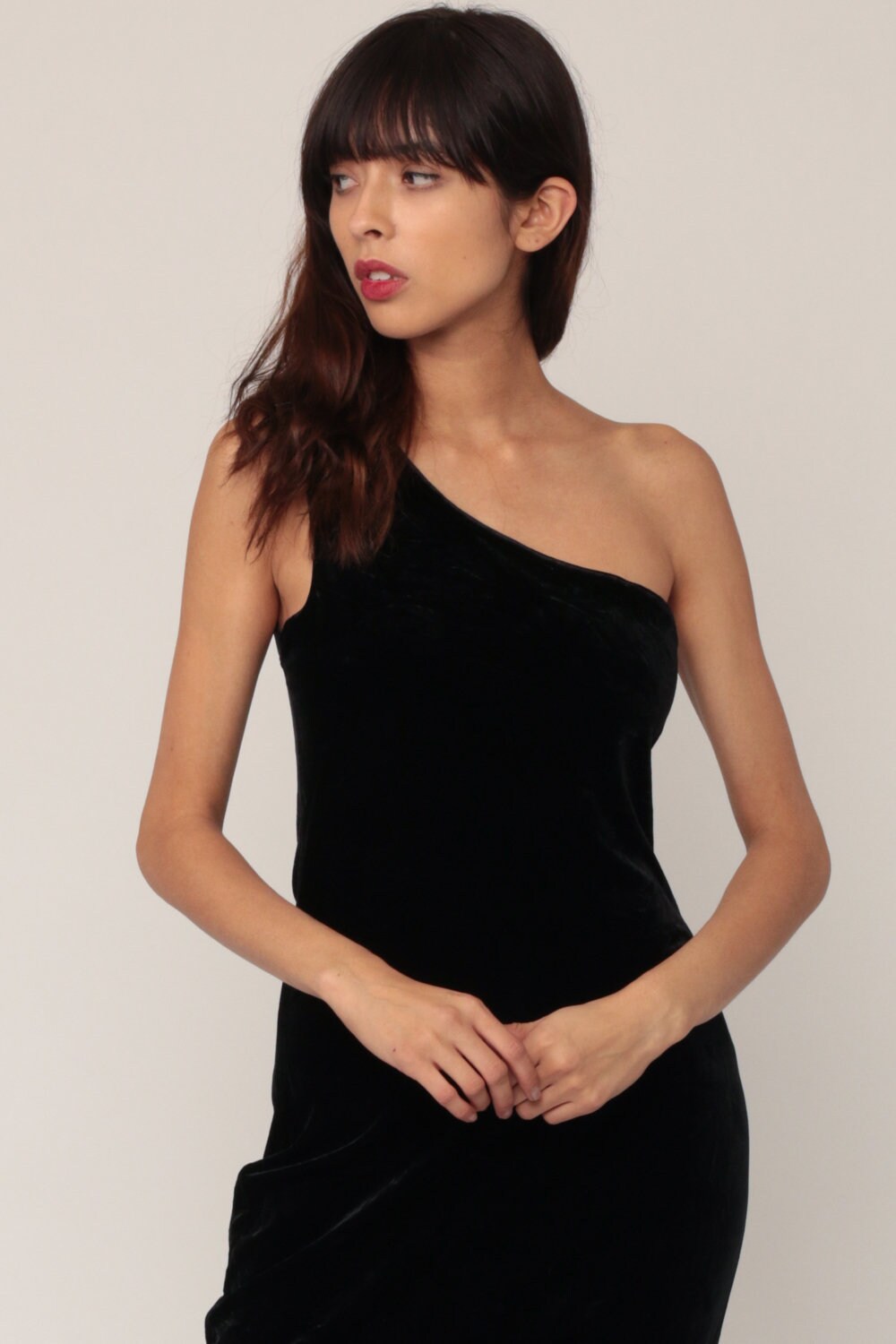 90s Black Velvet One-Shoulder Maxi Dress Bodycon Medium