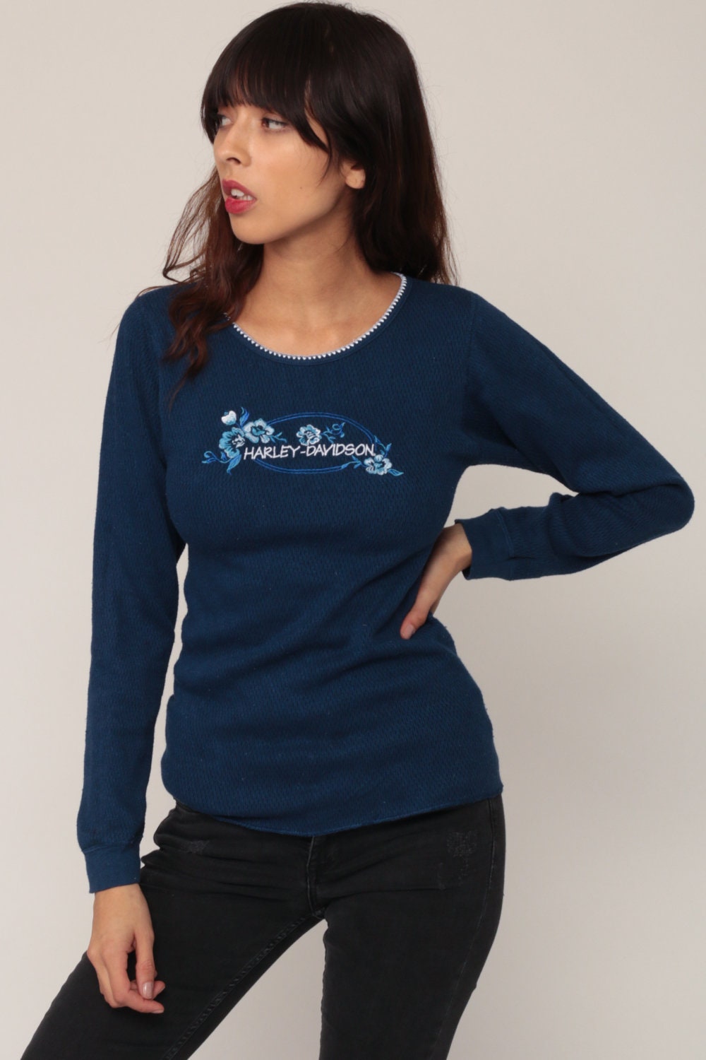 90s Harley Davidson Thermal Waffle Knit Long Sleeve Embroidered Blue Small