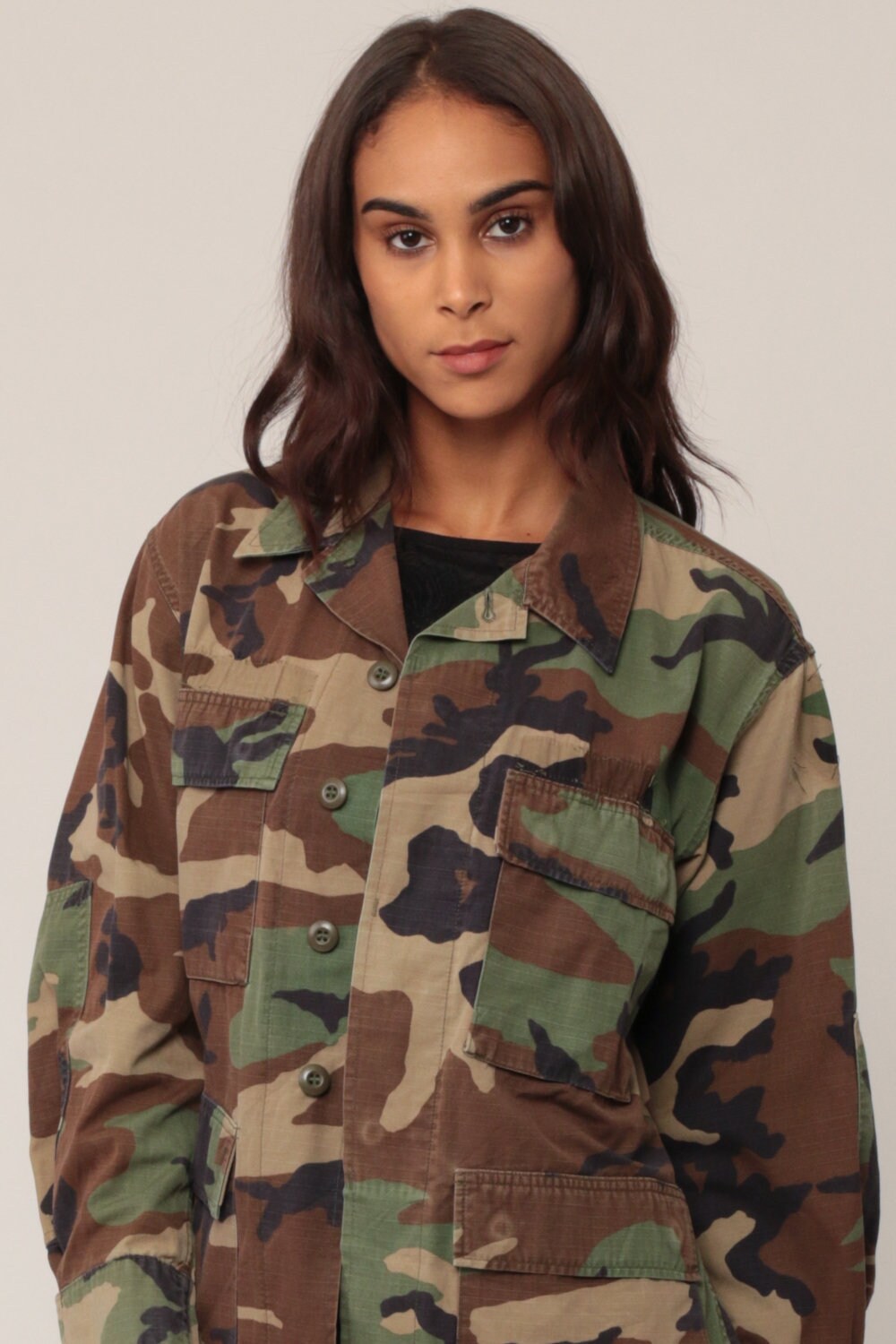 90s Army Camouflage Button-Up Shirt Olive Drab Unisex Small