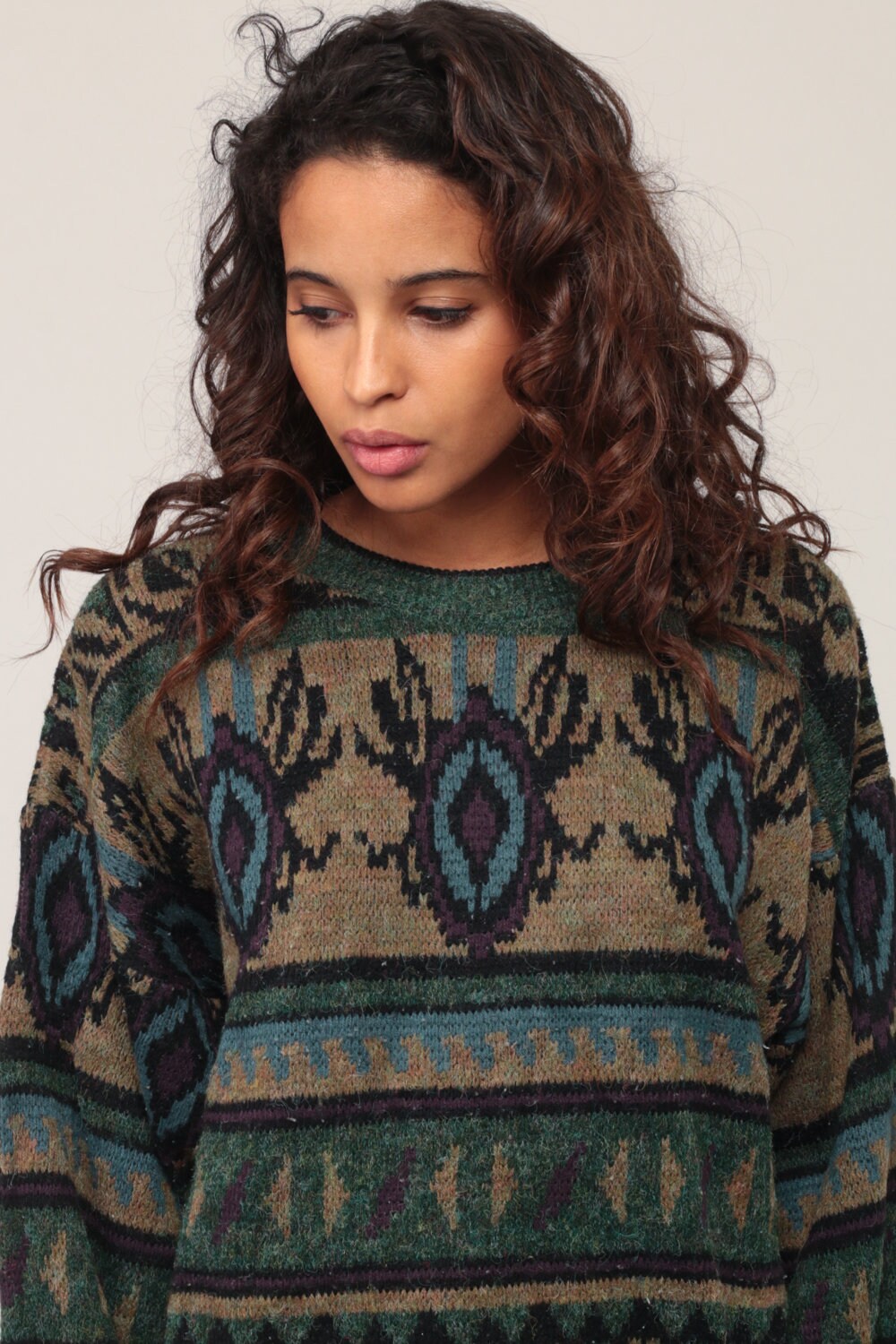 80s Wool Blend Striped Geometric Knit Sweater Green Pullover Extra Large
