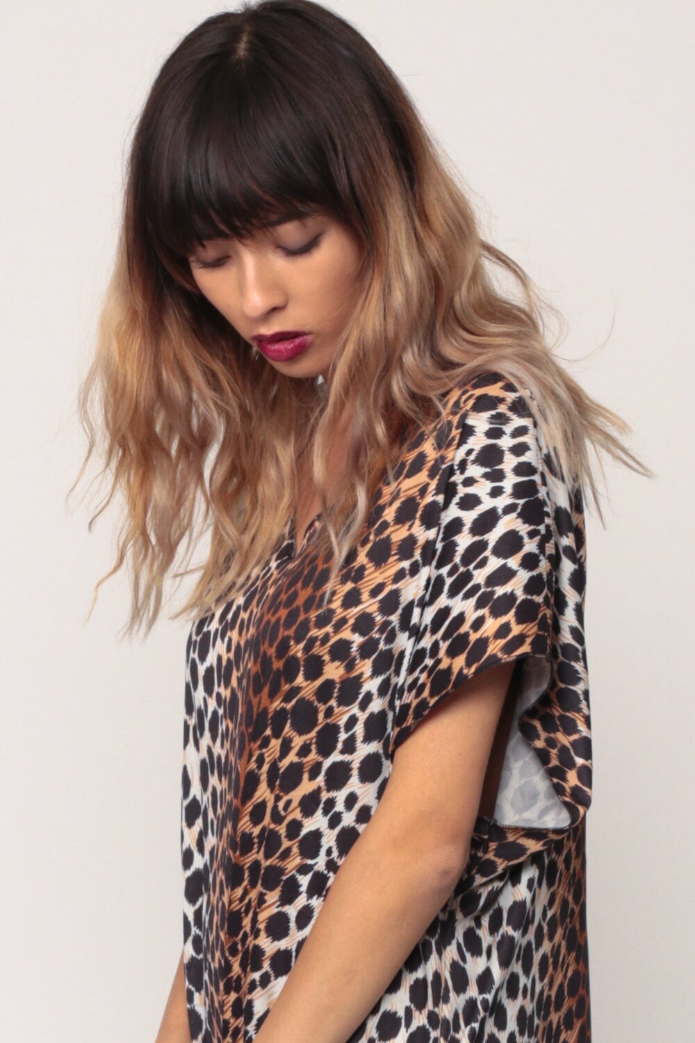 80s Leopard Print Nightgown Mini Chemise Short Sleeve Small