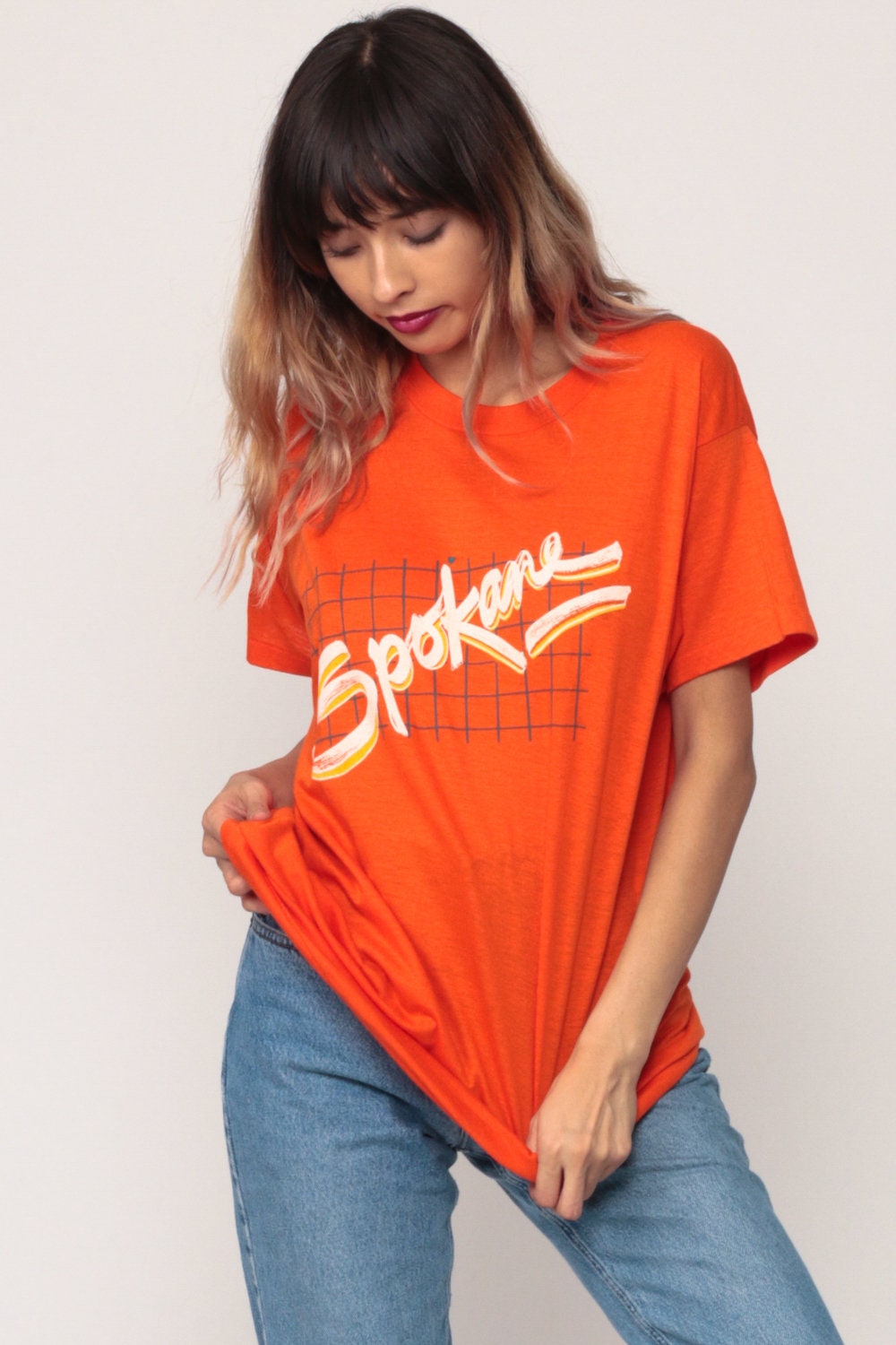 80s Spokane Washington State Graphic T-Shirt Burnout Orange Extra Large XL