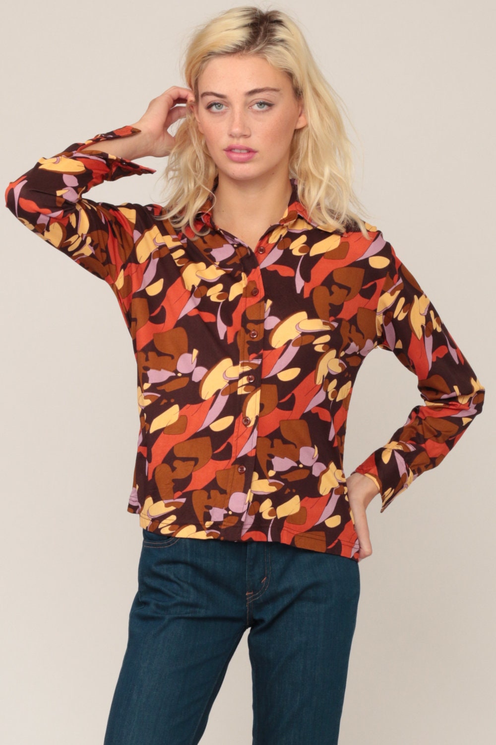 70s Psychedelic Print Button-Up Blouse Long Sleeve Brown Nylon Medium