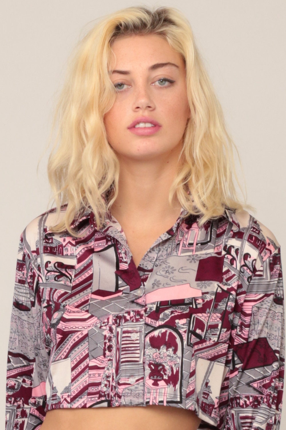 70s House Print Nylon Blouse Crop Top Burgundy Grey Long Sleeve Small