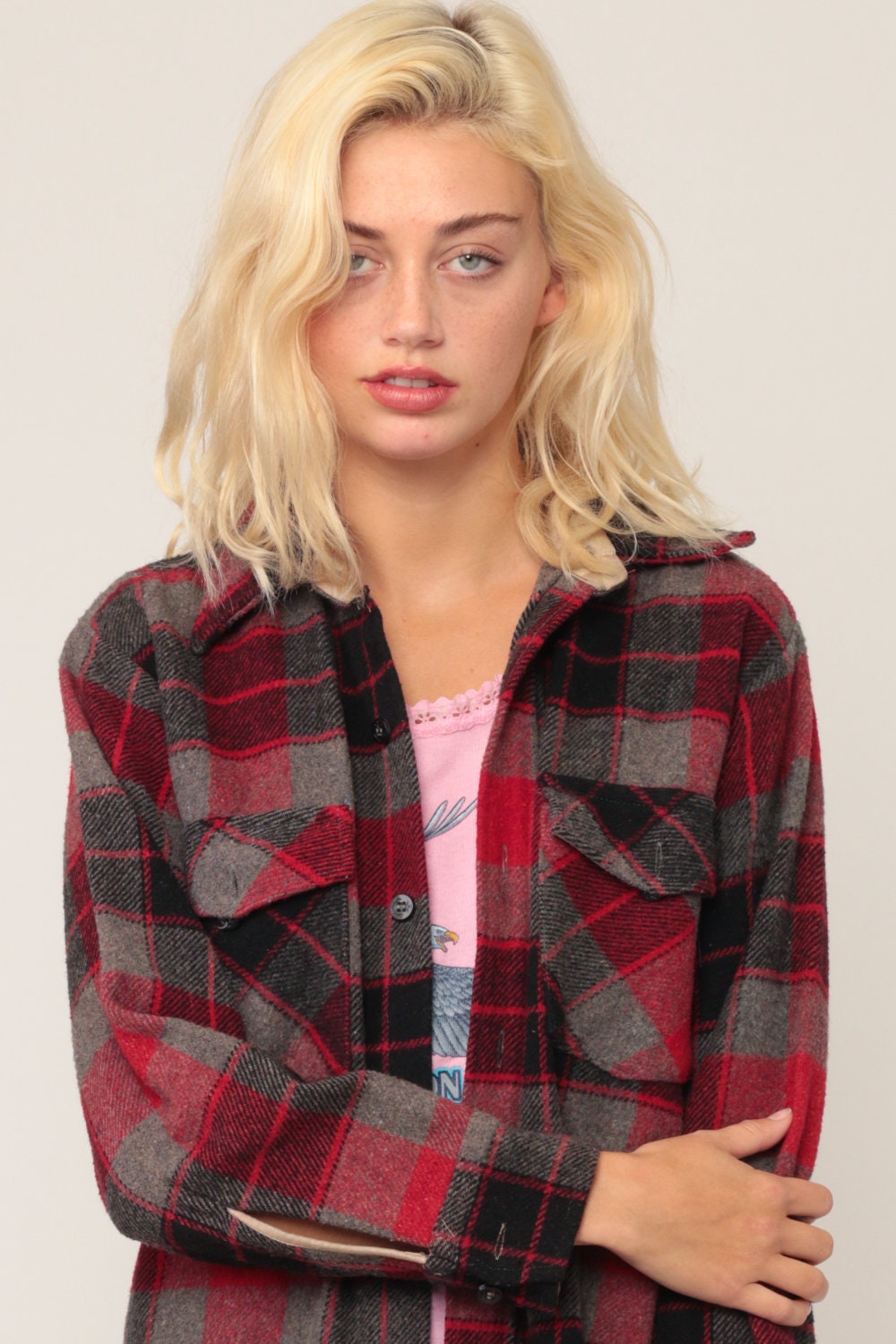 70s Wool Plaid Flannel Shirt Red Black Grey Button Up Small Medium