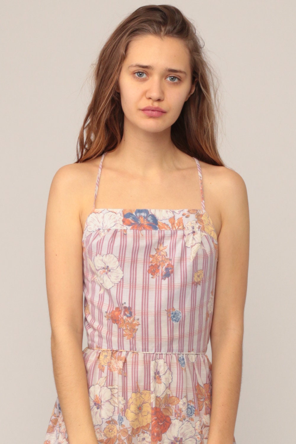 70s Floral Midi Sundress Criss Cross Open Back High Waist Cotton Extra Small