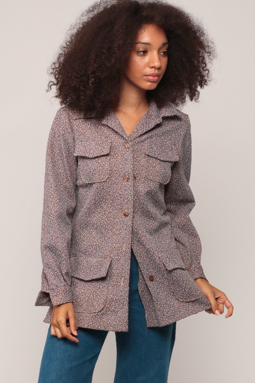 70s Flecked Brown Button-Up Shirt Long Sleeve Collared Blouse Medium