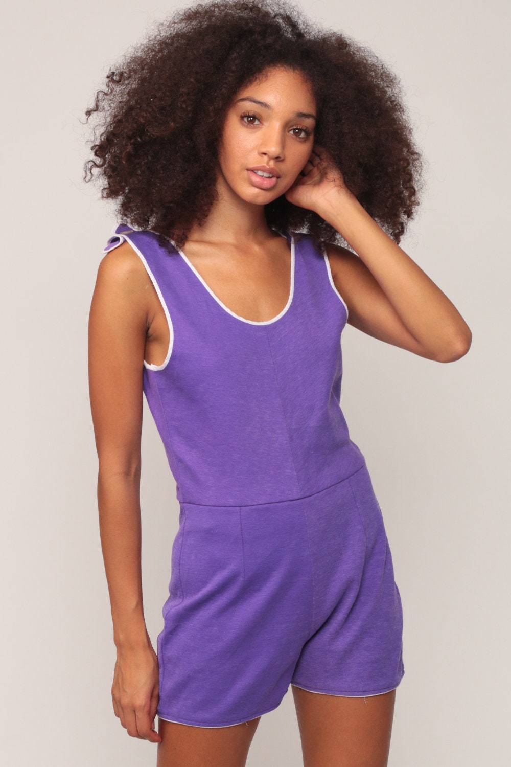 70s Purple Romper Playsuit Sleeveless Tank Buttons Shoulders Medium Large